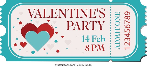 Valentine's Day Party Ticket. Ticket template isolated on white and transparent background.
