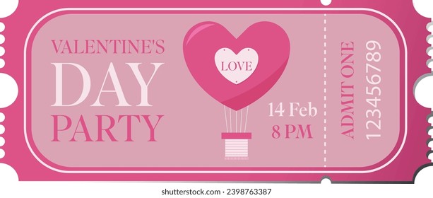 Valentine's Day Party Ticket. Ticket template isolated on white and transparent background.