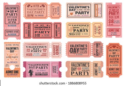 Valentines Day party ticket vector templates with love holiday Cupids, red hearts, arrows and bows. Romantic event admit one coupons, admission cards and invitation retro design