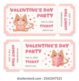 Valentines Day Party Tickets Set with Hand Drawn Red Cats. Holiday invitation coupon with cute ginger kitty characters in love. Simple cards collection with cute animals. Flat vector illustration.