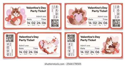 Valentines Day Party Tickets Set with Cute Hand Drawn Animals. Holiday invitation coupon with cat, raccoon, cupid sheep, squirrel. Invite cards collection with QR Code. Flat vector illustration.