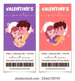 Valentines Day Party Tickets Set with Cute Hand Drawn Couples in Heart Frame. Invitation coupon with cartoon boyfriend and girlfriend character. Handwritten typography and barcode. Vector illustration