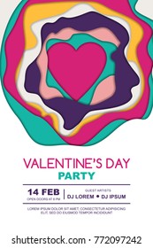 Valentines day party vector poster design template. Heart and 3D abstract multicolor paper cut shapes on white background. Carving art colorful holiday concept for banner, flyer, party invitation.