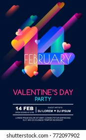 Valentines day party vector poster template. Abstract colorful gradient 3d date February 14 and multicolor hearts on black background. Glowing neon design for holiday banner, flyer, party invitation.