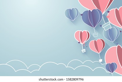 Valentines day and pastel color background. Hearts shaped balloons flying in sky. Paper art