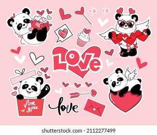 Valentine's day  patch badges with cute pandas and heart. Vector cartoon illustration