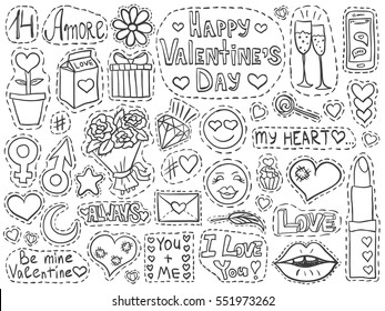 Valentines Day patch badges set. Love symbols doodles. Romantic elements collection. Hand drawn effect. Vector illustration for web design or printed products.