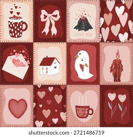 Dia dos Namorados Patchwork Quilt Sem Costura Padrão Doodle. Rústico Romântico Patch Duvet Design. Fundo do vetor. Impressão Geométrica Checkered com Elementos do Dia dos Namorados