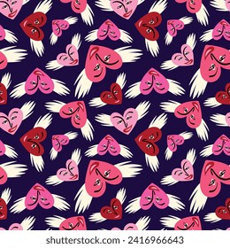Valentines Day pattern with angels funky love hearts. Groovy cute love characters