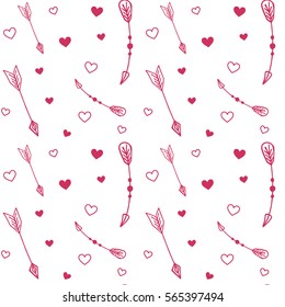 Valentine's Day pattern with arrows and hearts in pink. Seamless arrow background.
