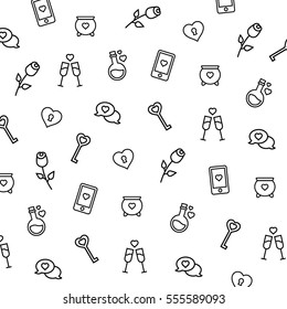 Valentine's day pattern, background with love potion flask, cauldron, key, heart, rose, love message, romantic dinner, champagne line illustration