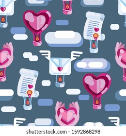 Valentine's Day pattern, balloons, gondolas soar in the sky in the clouds. Balloon heart, balloon letter.
