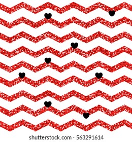 Valentine's Day pattern with black hearts and red glitter zig zag on white background in hipster style. Gift wrapping paper, card, background design.