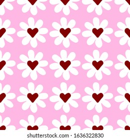 Valentines Day pattern. Chamomile pattern with hearts on pink background.