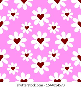 Valentines Day pattern. Chamomile pattern with hearts on pink background.