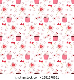 Valentines day pattern. Cupcake, sweet candies and red hearts. Vector over white background. For wrapping paper, fabric, scrapbooking and decoration.