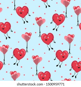 Valentines day pattern with cute cartoon hearts and balloons. Love background.