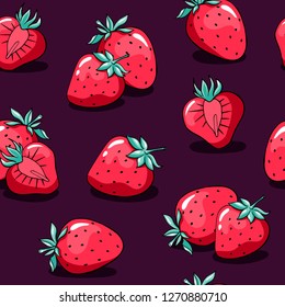 Valentine's day pattern with cute doodle strawberry. Vector cartoon seamless pattern with strawberry. Backdrop image with red strawberry on violet background. Perfect for fabric and wrapping paper.