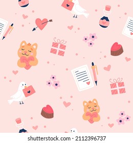 Valentine's day pattern with cute doves, cats and love letters. Hand drawn vector illustration