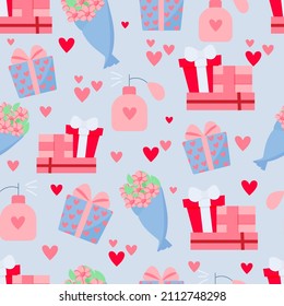 Valentine's day pattern with cute elements. Vector flat illustration.