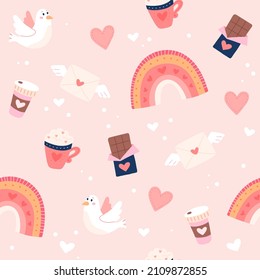 Patrón de San Valentín con lindas cartas de amor, arcos y chocolate. Ilustración vectorial dibujada por mano