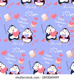 Patrón de San Valentín. pingüino lindo, corazones, inscripción, amor.