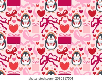 Valentine's Day pattern with Cute penguin. Love background with Bows and gifts