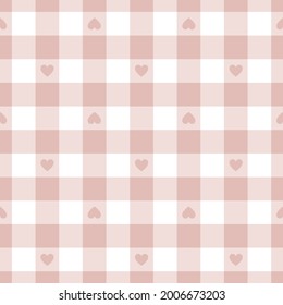 Valentine's Day pattern with cute pink hearts. Seamless gingham tartan check graphic in light pastel pink and white for dress, shirt, pyjamas, napkin, towel, gift paper, handkerchief, picnic blanket.