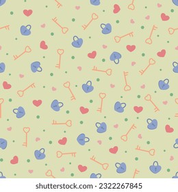 Valentine's day pattern. Cute repeating hearts, key, lock and dots or circle vector. Romantic pattern for love and relationship, valentine day. Print for fabric, paper, packaging, stationery.