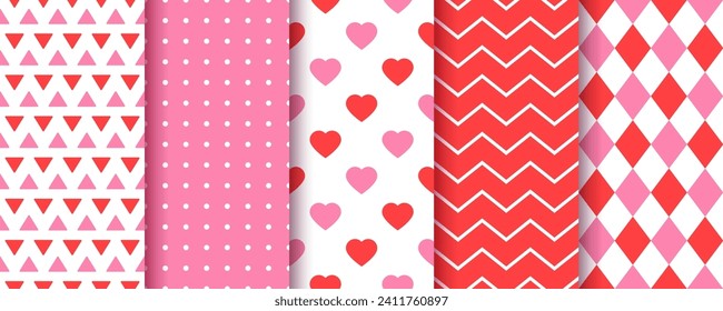 Patrón de San Valentín. Un fondo perfecto. Huellas rojas rosadas con corazones, punto de polka, zigzag, rhombus. Conjunto de texturas para la reserva de recortes. Papeles de envoltura geométrica retro. Ilustración del vector