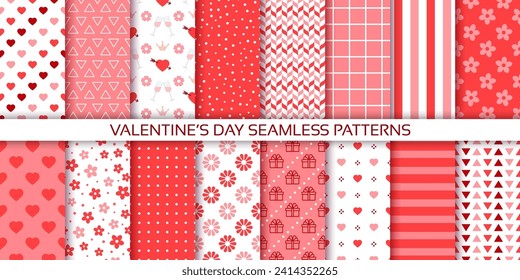 Valentine's day pattern. Cute seamless background. Red pink prints with hearts, polka dot, stripes, flowers. Set of love textures for scrapbooking. Vintage girly wrapping papers. Vector illustration