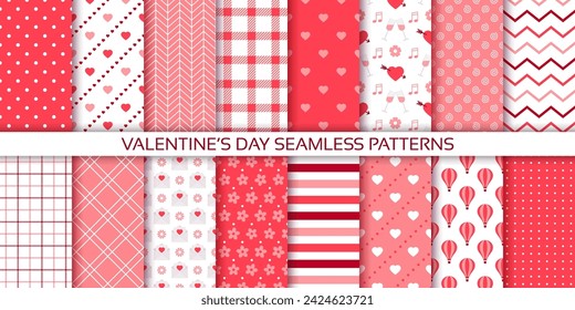 Valentine's day pattern. Cute seamless background. Red pink prints with hearts, polka dot, check, zigzag. Set of love textures for scrapbooking. Vintage girly wrapping papers. Vector illustration