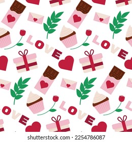 Patrón de San Valentín. Diseño con dulces, flores y corazones para el 14 de febrero