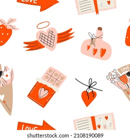 valentine's day pattern. Desing doodle elements on a white seamless background. A jar with hearts, a love story, chocolate, a bouquet of flowers, strawberries, a pointer, a decoration. Vector 