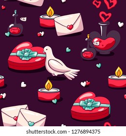 Valentine's day pattern in doodle style. Cartoon seamless pattern with heart shaped box, love letter, love potion and white pigeons. Perfect texture for fabric and wrapping paper.