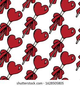 Valentine's day pattern. Drawing candy on a stick with a bow in the shape of a heart in vector. Seamless pattern doodle element for Valentine's day. Heart shape lollipop pop art.