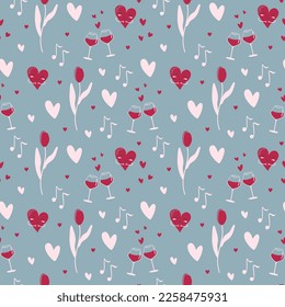 Valentine's day pattern. Endless ornament with love symbols on blue background. Romantic print. Vector illustration in retro colors.