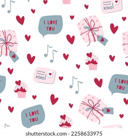 Valentine's day pattern. Endless ornament with love symbols on white background. Romantic print. Vector illustration in retro colors.