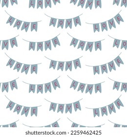 Valentine's day pattern. Endless ornament with flag garland on white background. Romantic print. Vector illustration in retro colors.