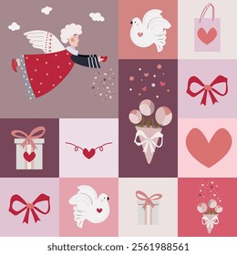 Patrón de San Valentín. Textura de Vector sin fin con figura cuadrada y rectángulos con diferentes tonos de colores de rosa. Flying Angel con corazón, clowds, arco, ramo de flores, bolsillo y caja de regalo, paloma. 