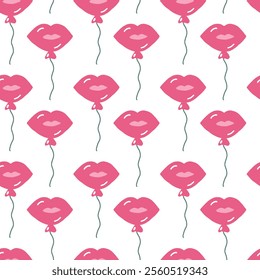 Valentine's Day pattern featuring glossy lips-shaped balloons in shades of pink. Hand drawn seamless background