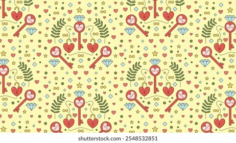 A Valentine's Day pattern featuring stars, diamonds, hearts, and leaves. Vector Illustration.