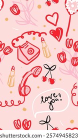 Valentines Day pattern. February 14. Vector cute doodle pattern with a bouquet of flowers, a lipstick, a phone, lollipop. Vector illustration