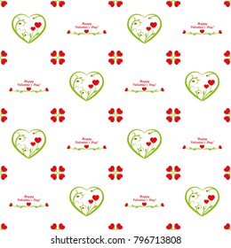 Valentines day pattern, floral seamless pattern with red hearts on white background and greeting inscription, Happy Valentine's Day