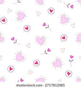Valentine's Day pattern with flower and hearts in pastel colors on white background.design for fabric, cotton, wallpaper, satin, carpet.