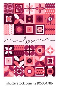 Valentine's Day Pattern With Geometric Pattern And Handwritten Lettering Love. Modern Geometric Abstract Style.