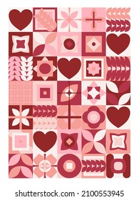 Valentine's Day pattern with geometric pattern and red hearts. Modern geometric abstract style.