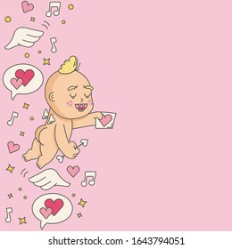 Valentines day pattern. Gift card love design for wedding with pink heart, Cupid and love message. Romantic poster, greeting banner, trendy t-shirt print. Pink background