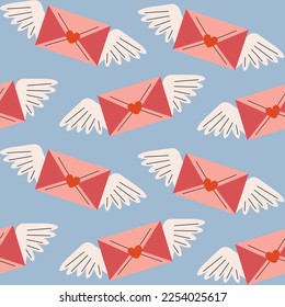 Valentine's day pattern, greeting card. Envelop with heart and wings. Cute vector illustration in flat style