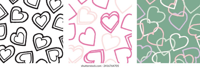 Valentine's day pattern, greeting card. Color hand drown hearts set. Cute vector illustration. 